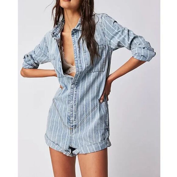 NWOT ONETEASPOON Prophecy Long Sleeve Blue Denim Stripped Shorts Romper Jumpsuit - Picture 1 of 13